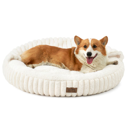 Cozy Kiss Striped Faux Calming Donut Pet Bed With Blanket ultra soft faux fur calming pet nest bed #color_Cream