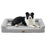 Dog lying on Cozy Kiss grey pet bed with a white background 