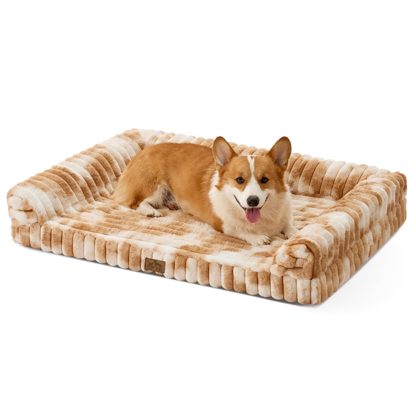 Dog lying on Cozy Kiss Striped Faux U-Shaped Washable Dog Bed, showing raised bolsters and soft striped texture. #color_Tie-dye Brown