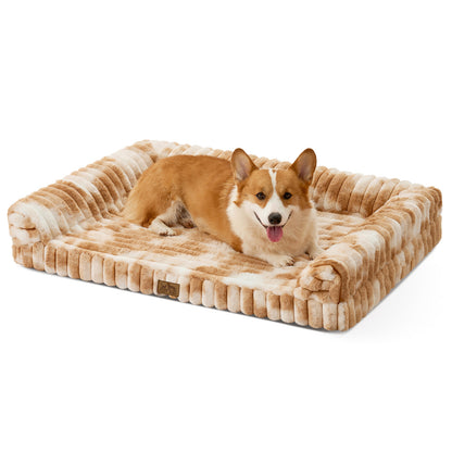 Dog lying on Cozy Kiss Striped Faux U-Shaped Washable Dog Bed, showing raised bolsters and soft striped texture. #color_Tie-dye Brown