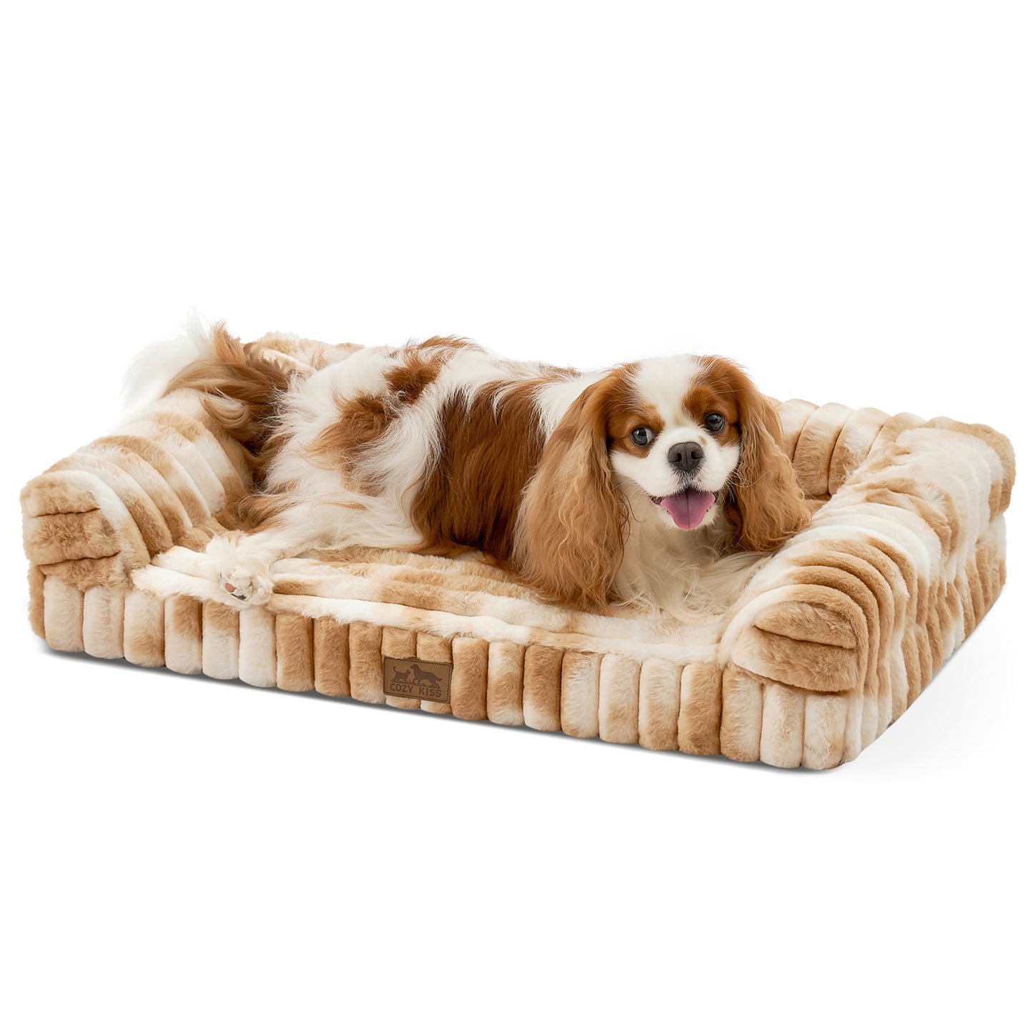 Dog lying on Cozy Kiss Striped Faux U-Shaped Washable Dog Bed, showing raised bolsters and soft striped texture. #color_Tie-dye Brown