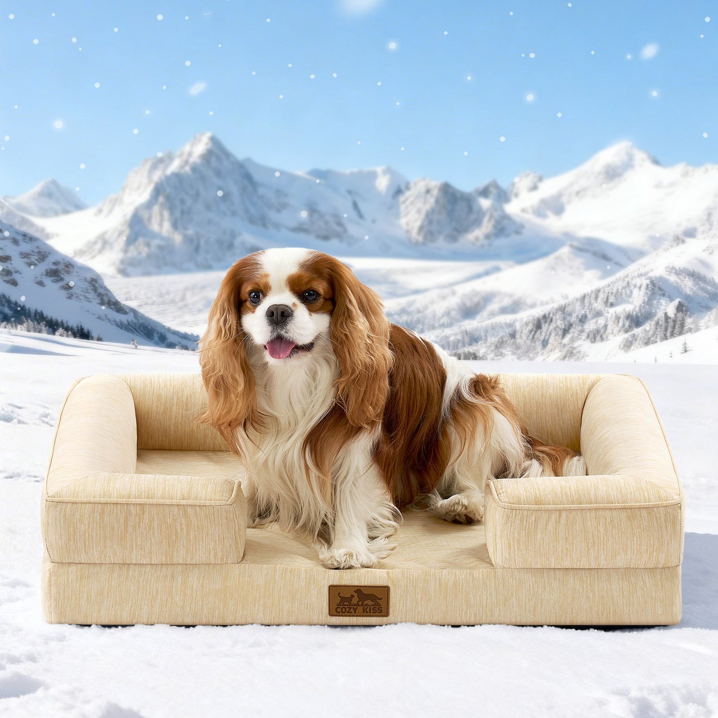 Dog lying on Cozy Kiss beige pet bed in a snowy mountain landscape#color_Beige