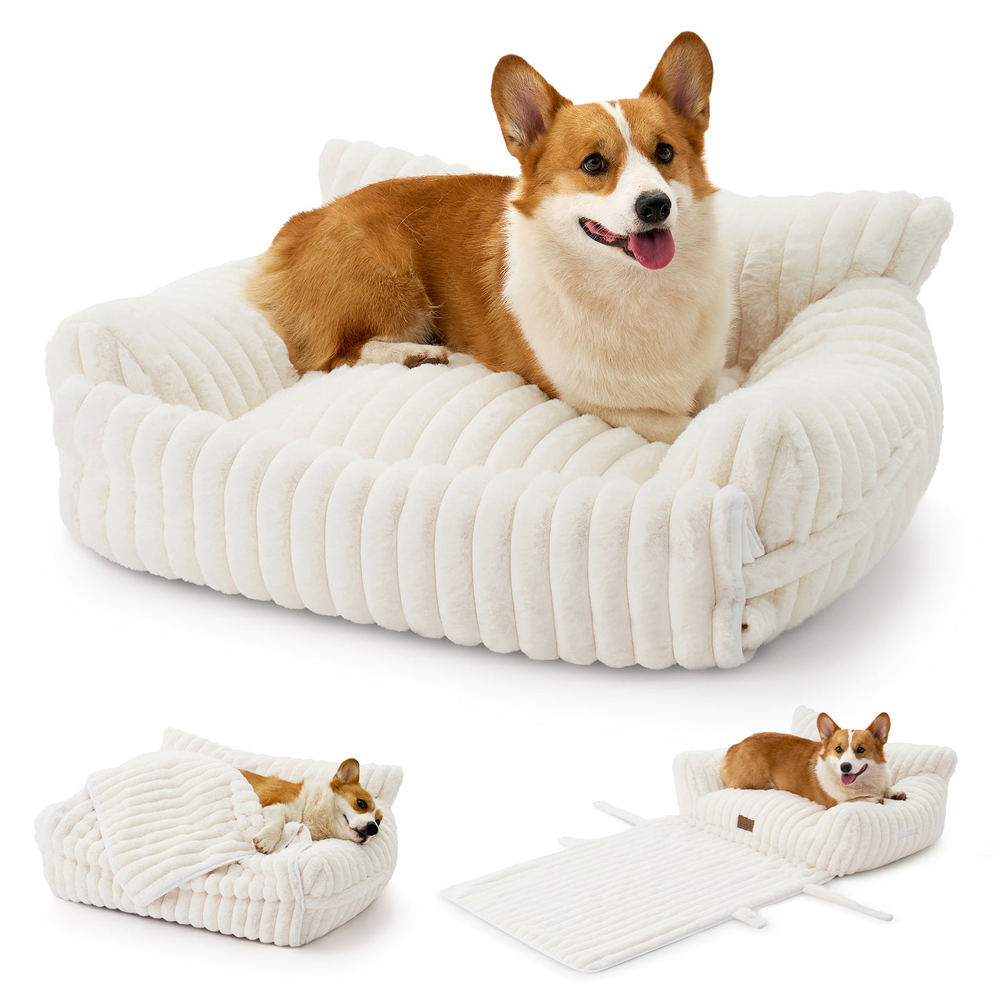 Cozy Kiss Multi-Functional Striped Faux Pet Sofa Bed cozy faux fur lounge bed with raised bolsters #color_Beige