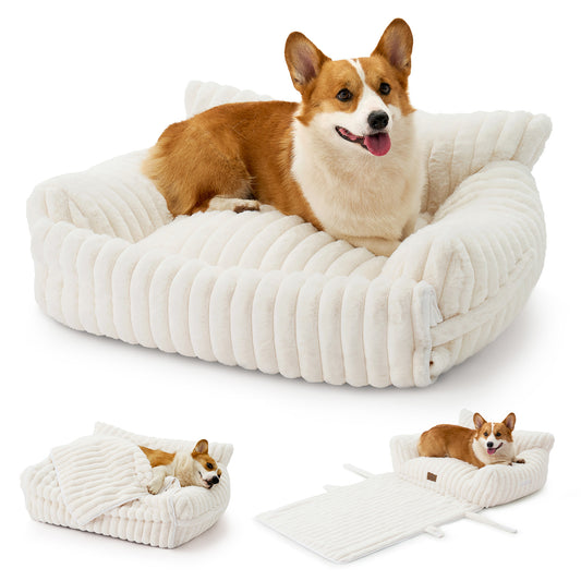 Cozy Kiss Multi-Functional Striped Faux Pet Sofa Bed cozy faux fur lounge bed with raised bolsters #color_Beige