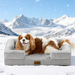 Dog lying on a gray pet bed in a snowy landscape with mountains.