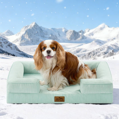 Dog lying on Cozy Kiss green pet bed in a snowy mountain landscape#color_Sage Green