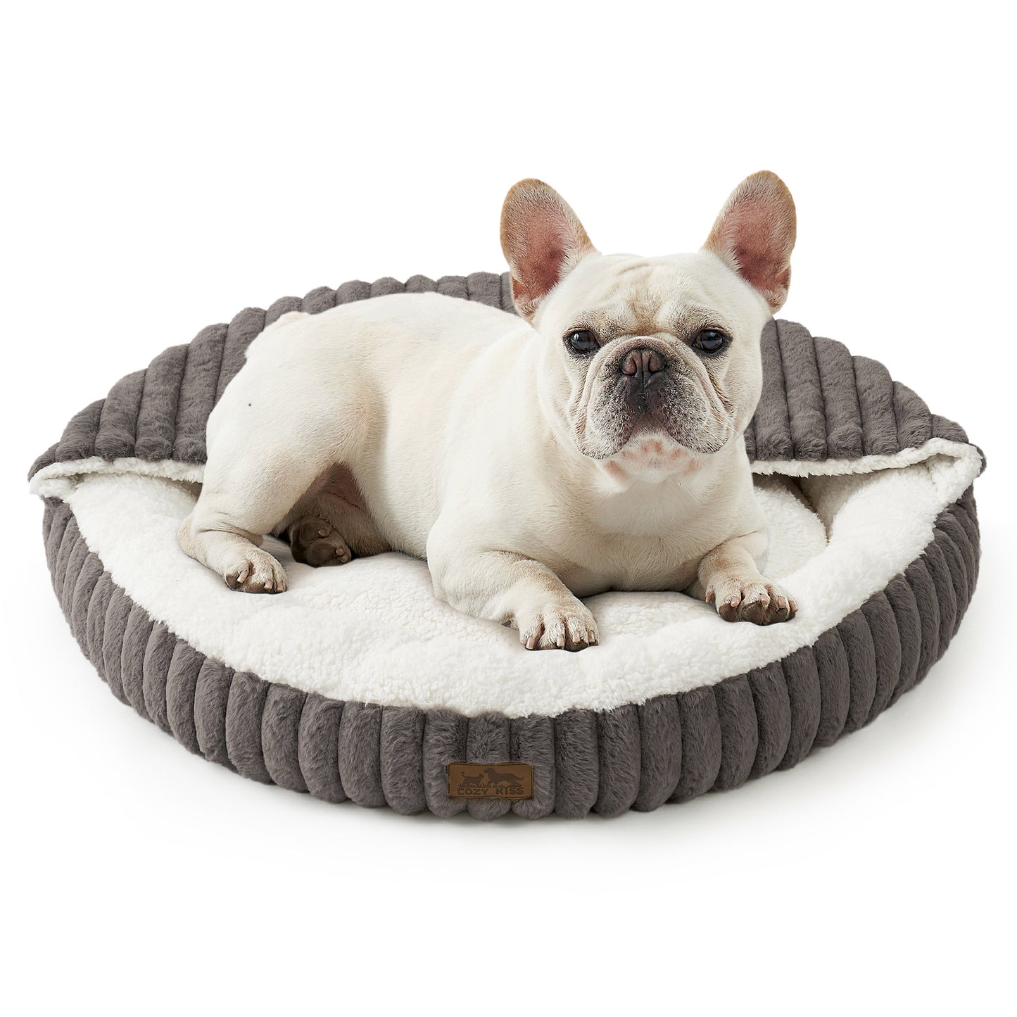 Cozy Kiss Striped Faux Calming Donut Pet Bed With Blanket ultra soft faux fur calming pet nest bed #color_Grey