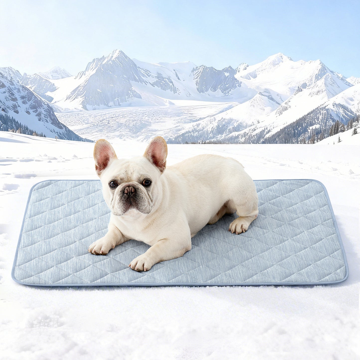 Cozy Kiss Diamond-Quilted Leakproof Cooling Couch Cover cooling mat with a dog sitting on it #color_Sky Blue