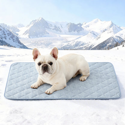 Cozy Kiss Diamond-Quilted Leakproof Cooling Couch Cover cooling mat with a dog sitting on it #color_Sky Blue