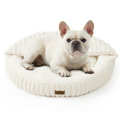 Cozy Kiss Striped Faux Calming Donut Pet Bed With Blanket ultra soft faux fur calming pet nest bed #color_Cream