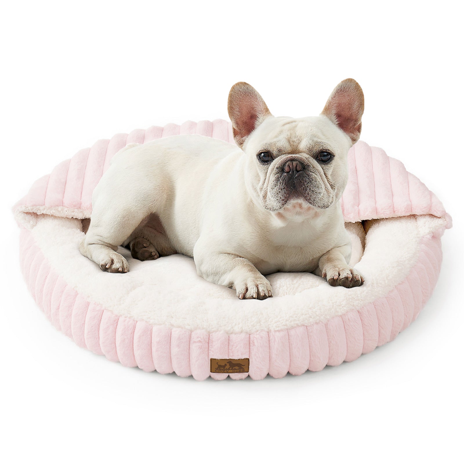 Cozy Kiss Striped Faux Calming Donut Pet Bed With Blanket ultra soft faux fur calming pet nest bed #color_Pink