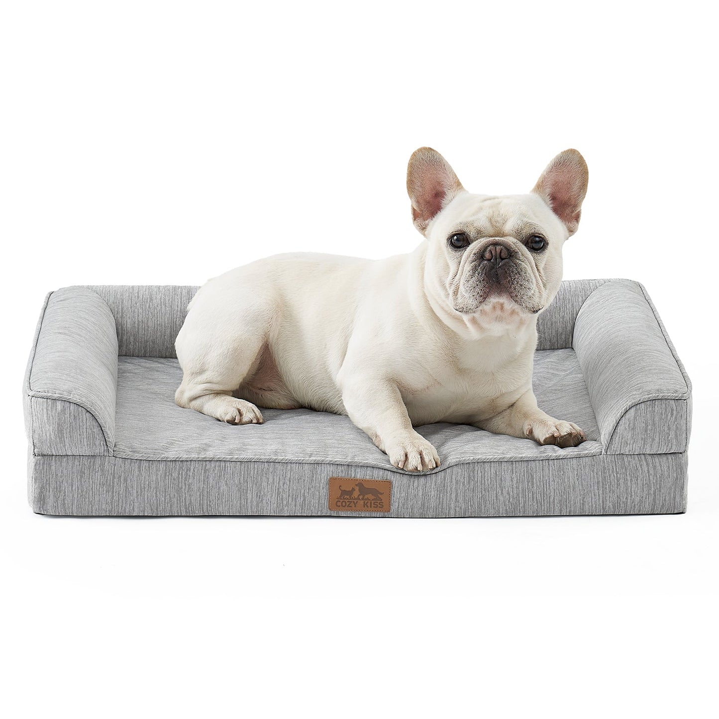 Dog lying on Cozy Kiss grey pet bed with a white background#color_Grey