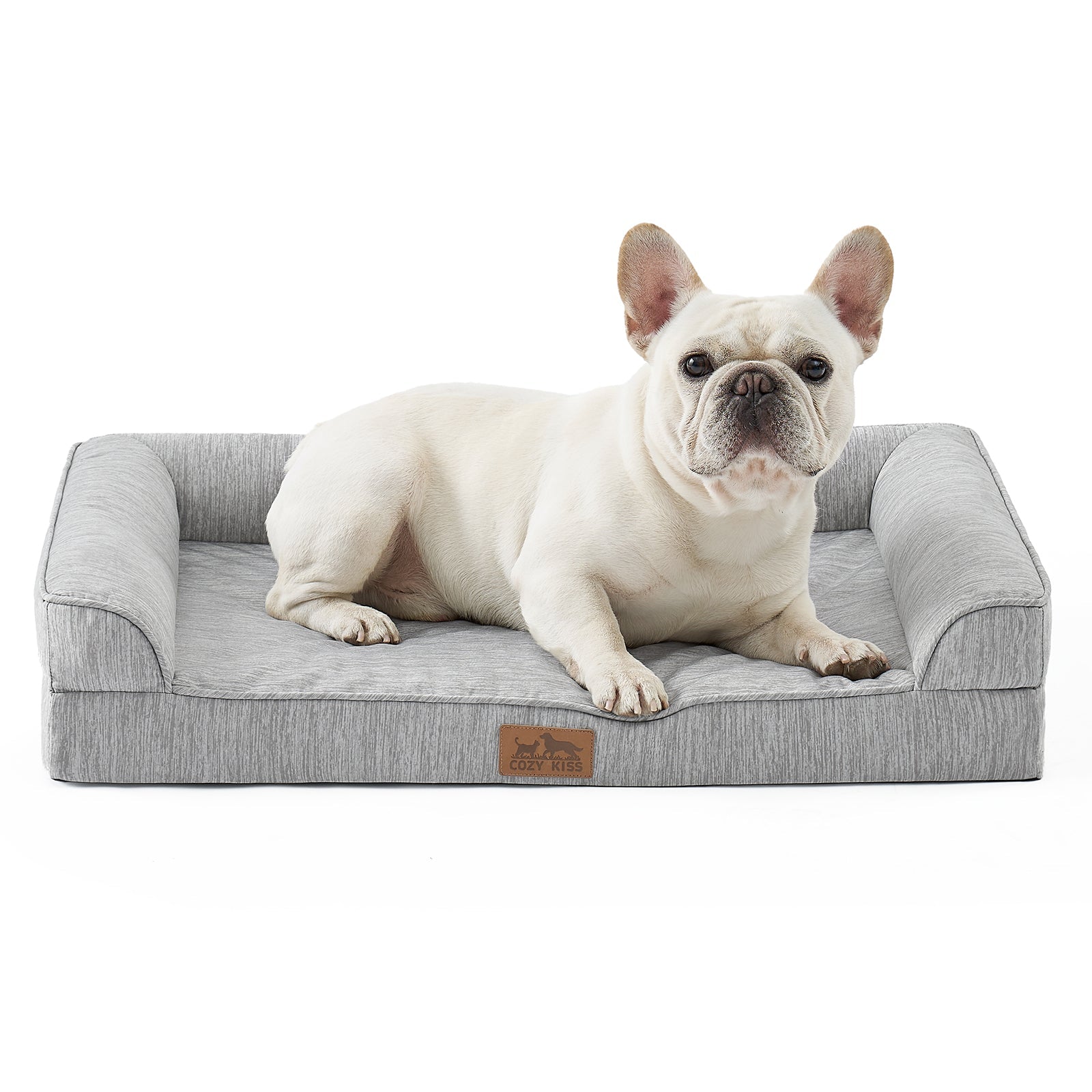 Dog lying on Cozy Kiss grey pet bed with a white background#color_Grey