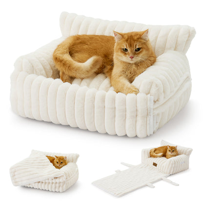 Cozy Kiss Multi-Functional Striped Faux Pet Sofa Bed with detachable blanket for cats and small dogs #color_Beige
