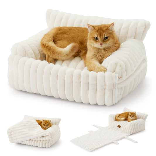 Cozy Kiss Multi-Functional Striped Faux Pet Sofa Bed with detachable blanket for cats and small dogs #color_Beige