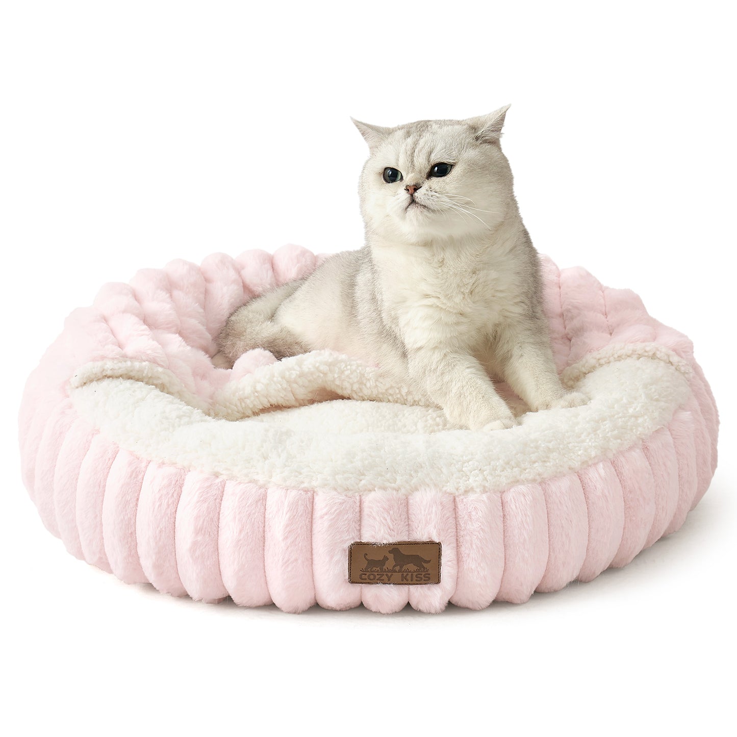 Cozy Kiss Striped Faux Calming Donut Pet Bed With Blanket ultra soft faux fur calming pet nest bed #color_Pink