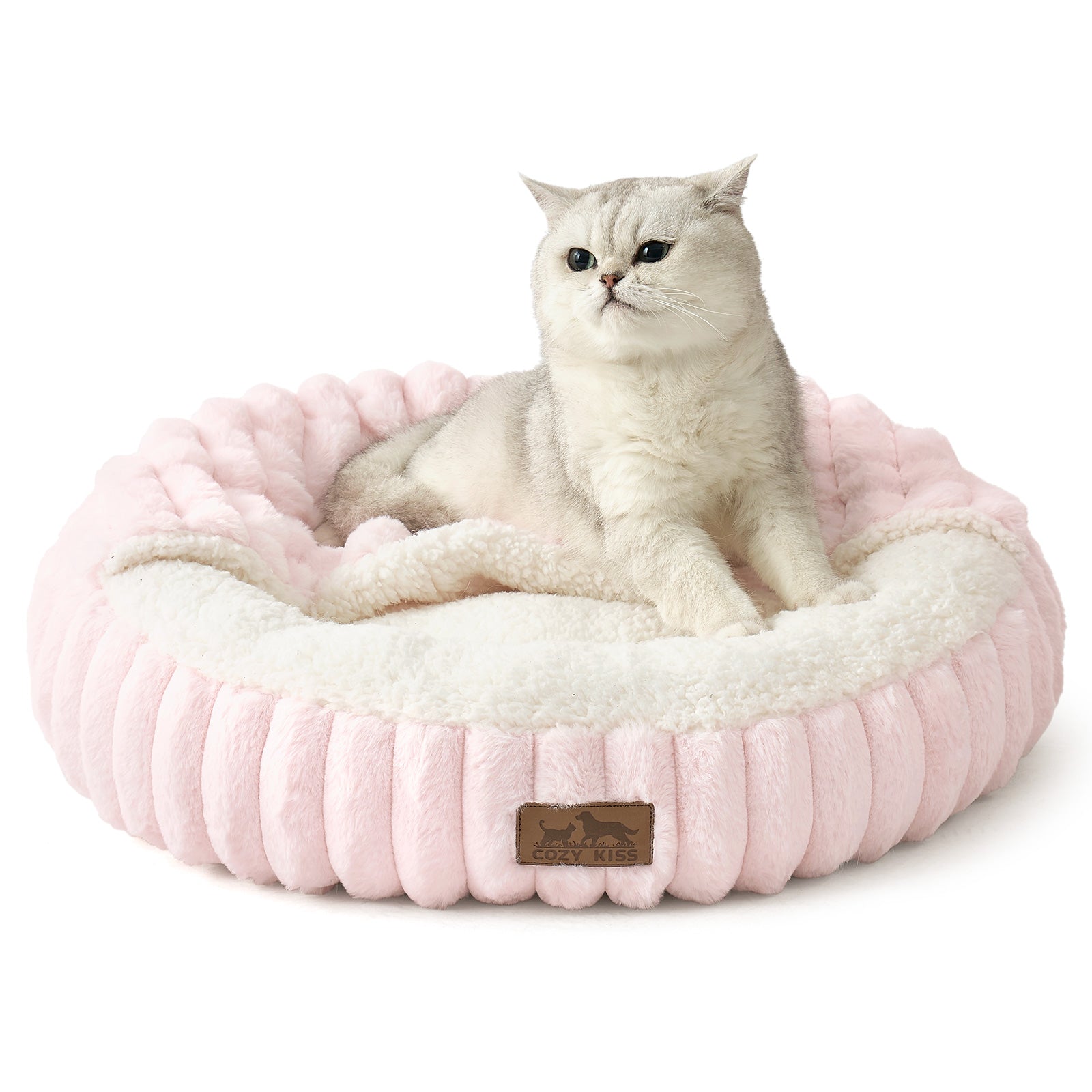 Cozy Kiss Striped Faux Calming Donut Pet Bed With Blanket ultra soft faux fur calming pet nest bed #color_Pink
