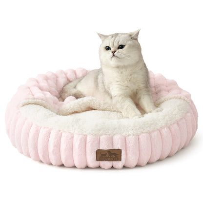 Cozy Kiss Striped Faux Calming Donut Pet Bed With Blanket ultra soft faux fur calming pet nest bed #color_Pink