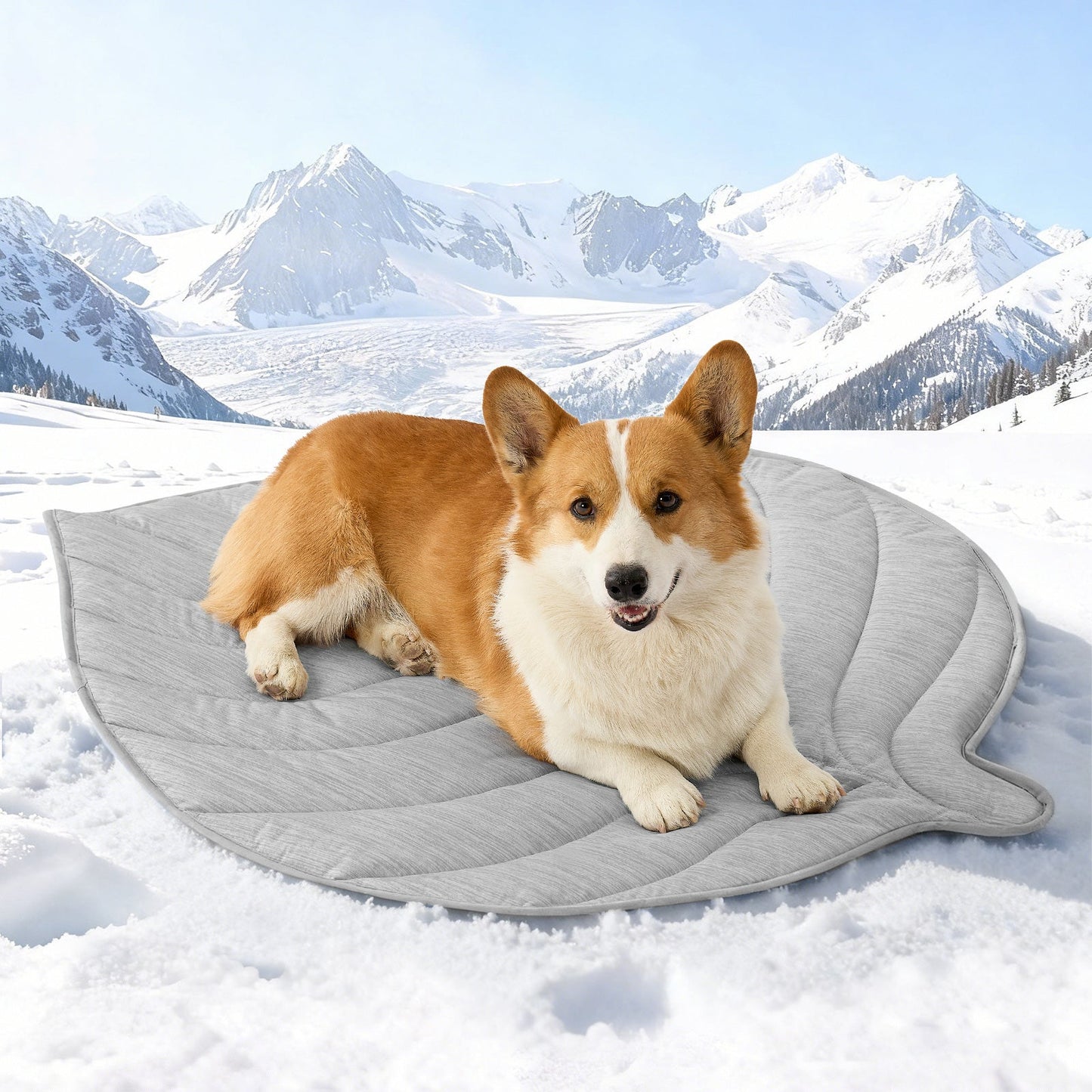 Dog lying on Cozy Kiss grey pet bed in a snowy landscape with mountains. #color_Grey