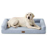 Dog lying on a blue pet bed with a white background