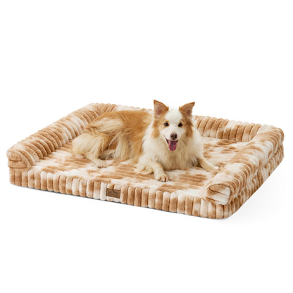 Dog lying on Cozy Kiss Striped Faux U-Shaped Washable Dog Bed, showing raised bolsters and soft striped texture. #color_Tie-dye Brown
