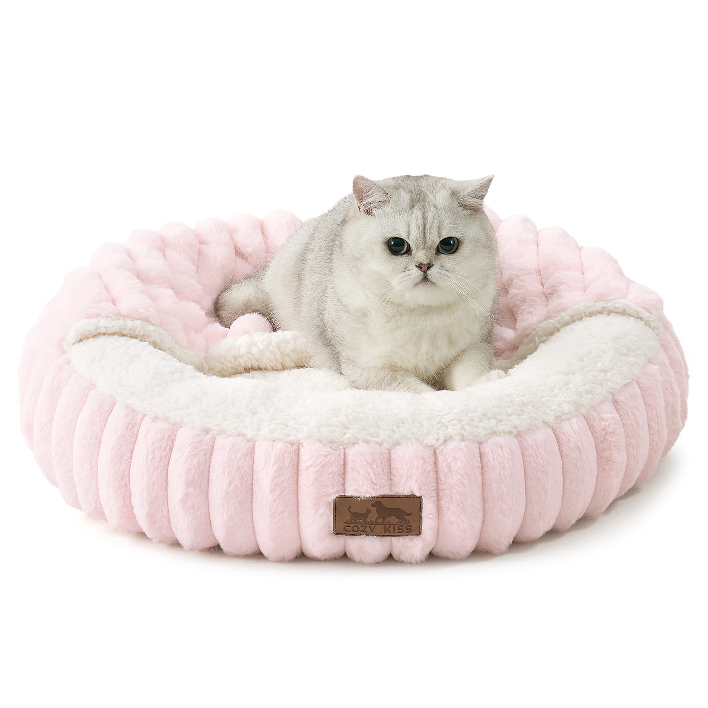 Cozy Kiss Striped Faux Calming Donut Pet Bed With Blanket ultra soft faux fur calming pet nest bed #color_Pink