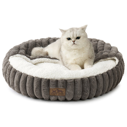Cozy Kiss Striped Faux Calming Donut Pet Bed With Blanket ultra soft faux fur calming pet nest bed #color_Grey