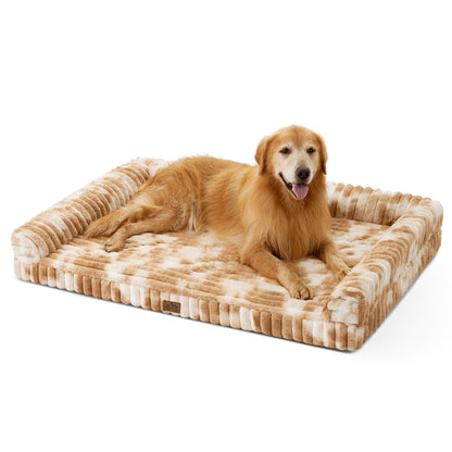 Dog lying on Cozy Kiss Striped Faux U-Shaped Washable Dog Bed, showing raised bolsters and soft striped texture. #color_Tie-dye Brown