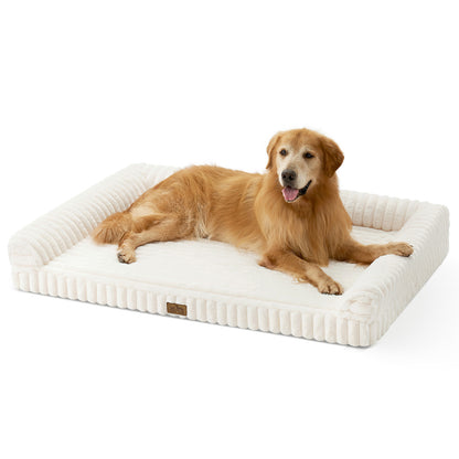 Dog lying on Cozy Kiss Striped Faux U-Shaped Washable Dog Bed, showing raised bolsters and soft striped texture. #color_Cream