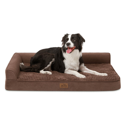 Cozy Kiss All Seasons L-shaped scratch-resistant dog bed in grey, front view with a dog resting on it#color_Brown