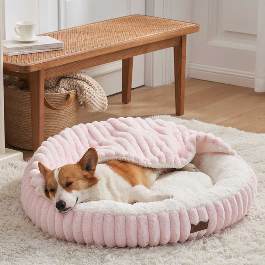 Cozy Kiss Striped Faux Calming Donut Pet Bed With Blanket cozy cave pet bed for dogs and cats #color_Pink