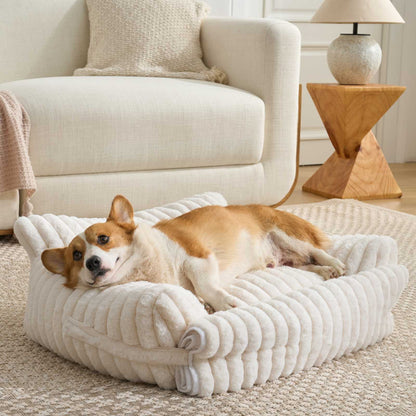 Cozy Kiss Ultra Soft Plush Striped Faux Pet Sofa Bed calming sofa style pet bed for dogs and cats #color_Cream