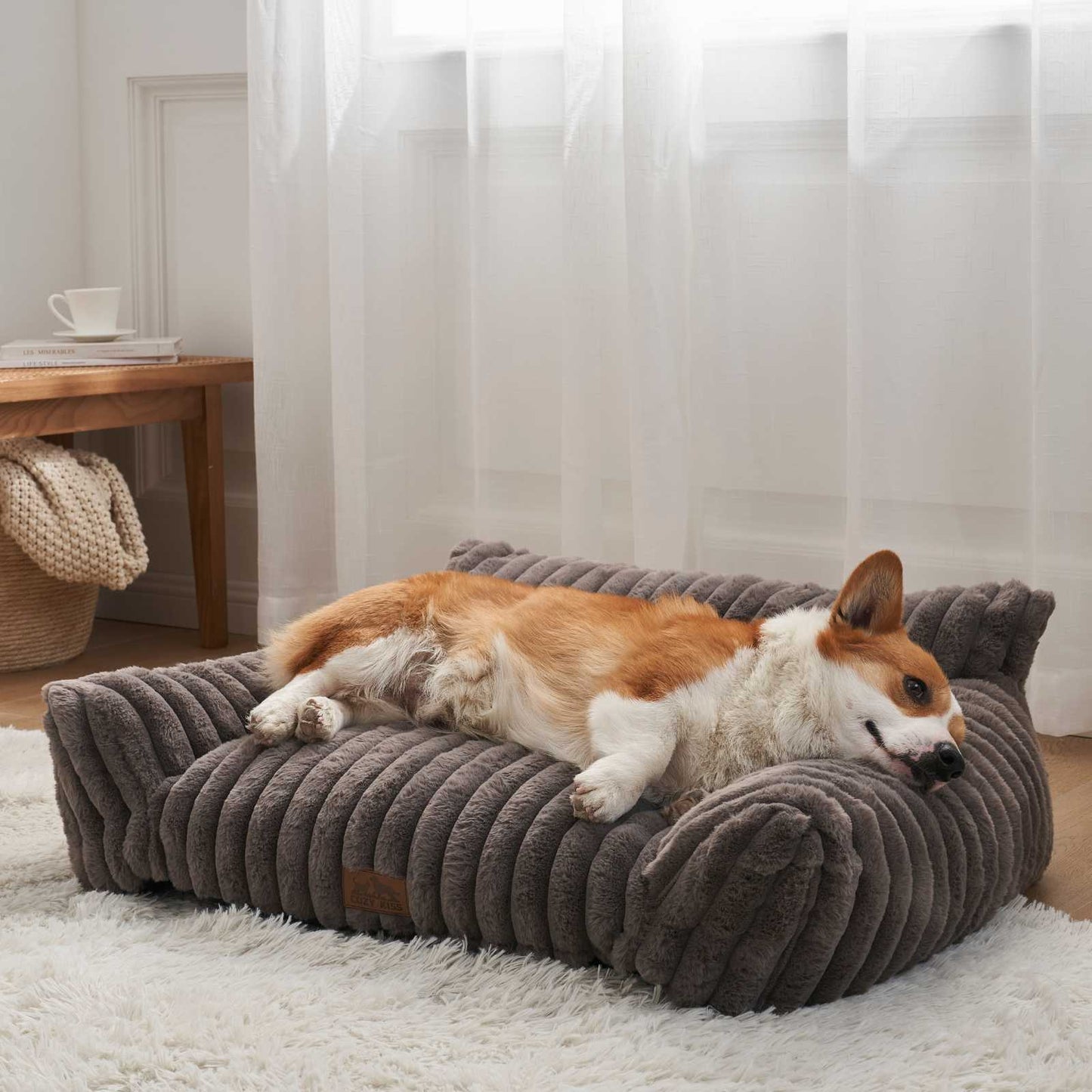 Cozy Kiss Ultra Soft Plush Striped Faux Pet Sofa Bed calming sofa style pet bed for dogs and cats #color_Grey