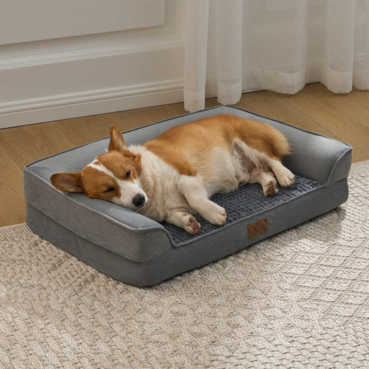 Cozy Kiss All Seasons U-shaped scratch-resistant dog bed in grey with a dog lounging in a bright living room#color_Grey