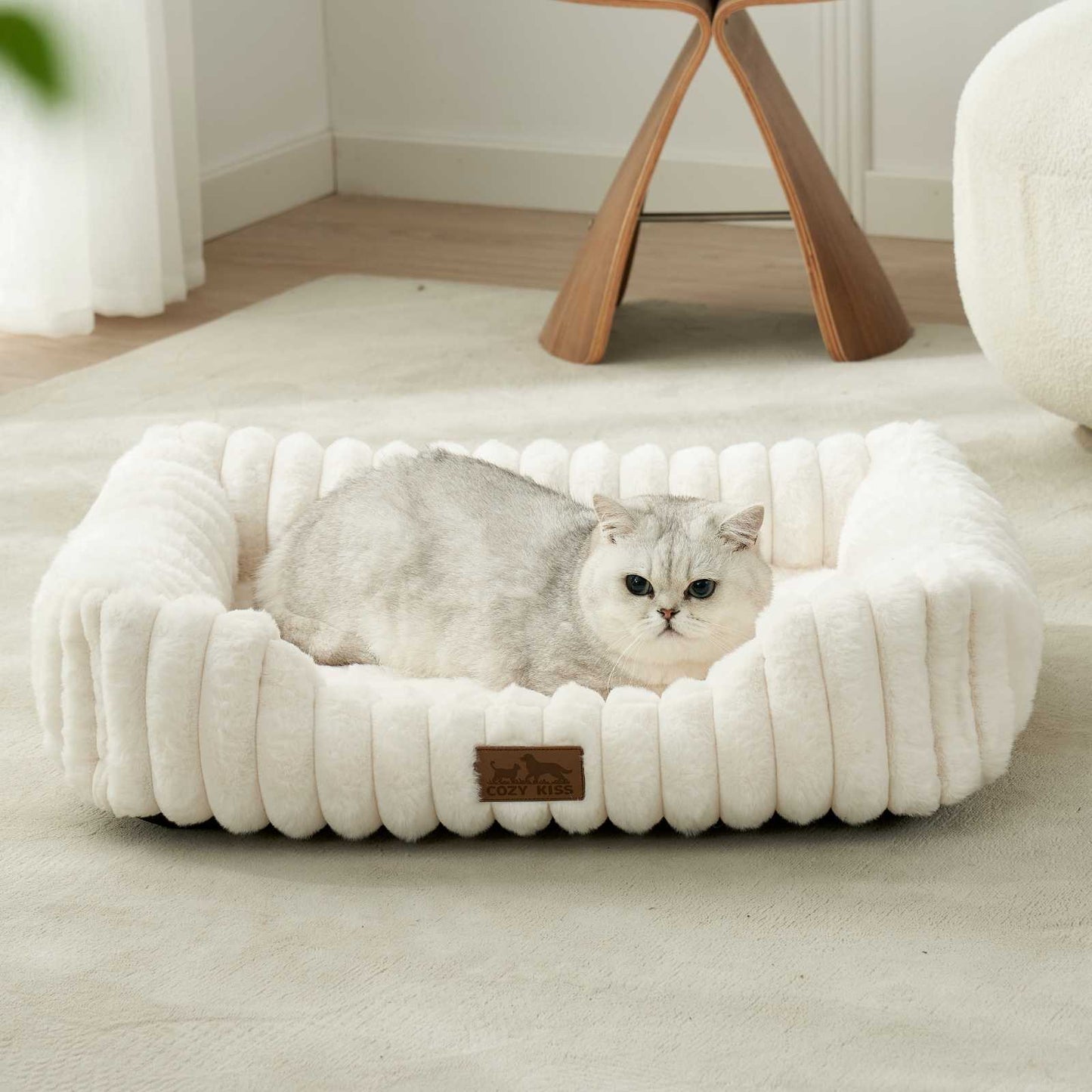 Cozy Kiss Striped Faux C-Shaped Washable Dog Bed plush bolster pet bed for dogs and cats #color_Cream
