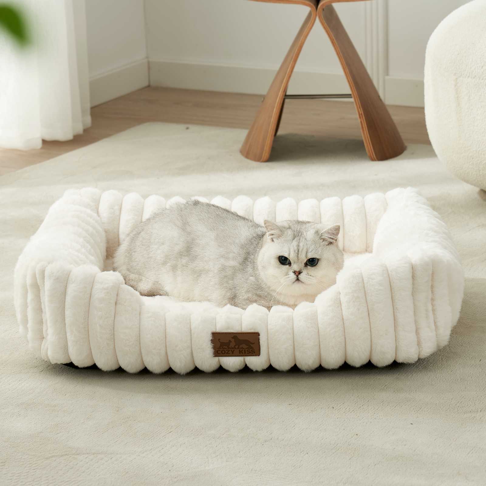 Cozy Kiss Striped Faux C-Shaped Washable Dog Bed plush bolster pet bed for dogs and cats #color_Cream