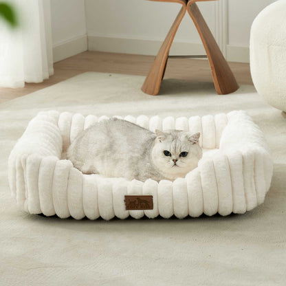 Cozy Kiss Striped Faux C-Shaped Washable Dog Bed plush bolster pet bed for dogs and cats #color_Cream