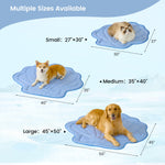 Pet cooling pad with dimensions for small, medium, and large sizes on a light blue background.