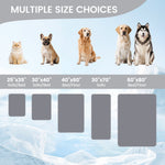 Dog mats of different sizes with corresponding dog illustrations on a blue background