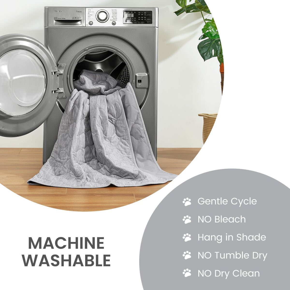 Machine washable cooling blanket for pets with washing instructions for easy care at home.