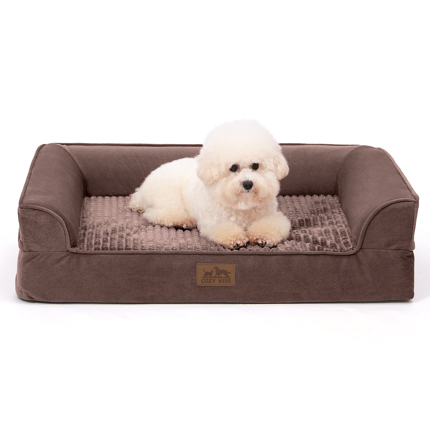 Cozy Kiss All Seasons U-shaped scratch-resistant dog bed in grey, front view with a dog resting on it#color_Brown