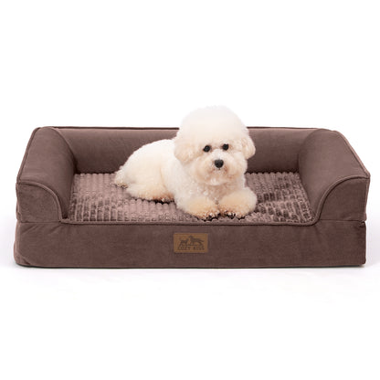 Cozy Kiss All Seasons U-shaped scratch-resistant dog bed in grey, front view with a dog resting on it#color_Brown