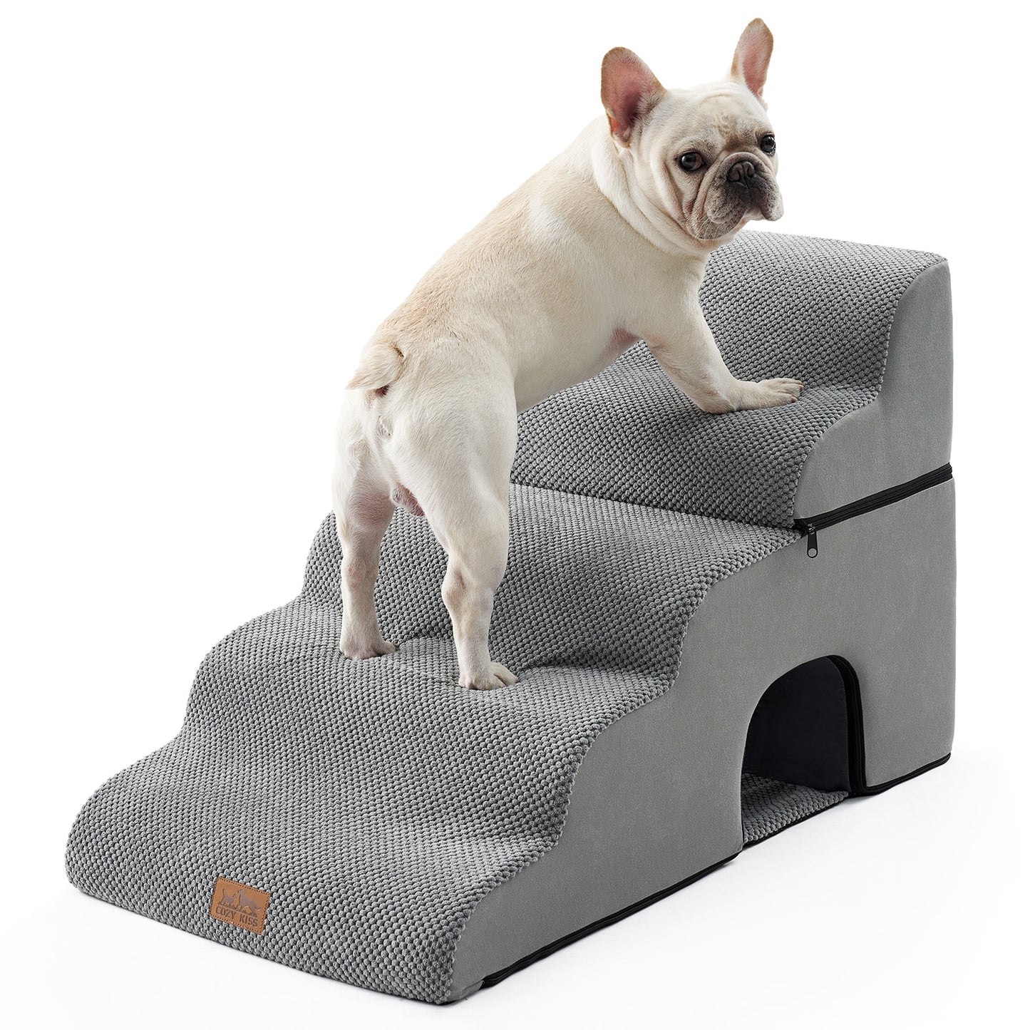 Cozy Kiss 5-Step Foldable Curved Pet Stairs with Play Condo front product view with a dog standing on it #color_Grey