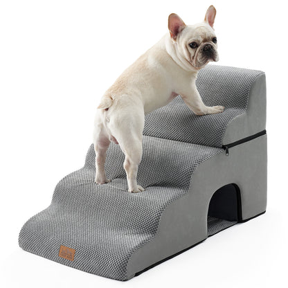 Cozy Kiss 5-Step Foldable Curved Pet Stairs with Play Condo front product view with a dog standing on it #color_Grey