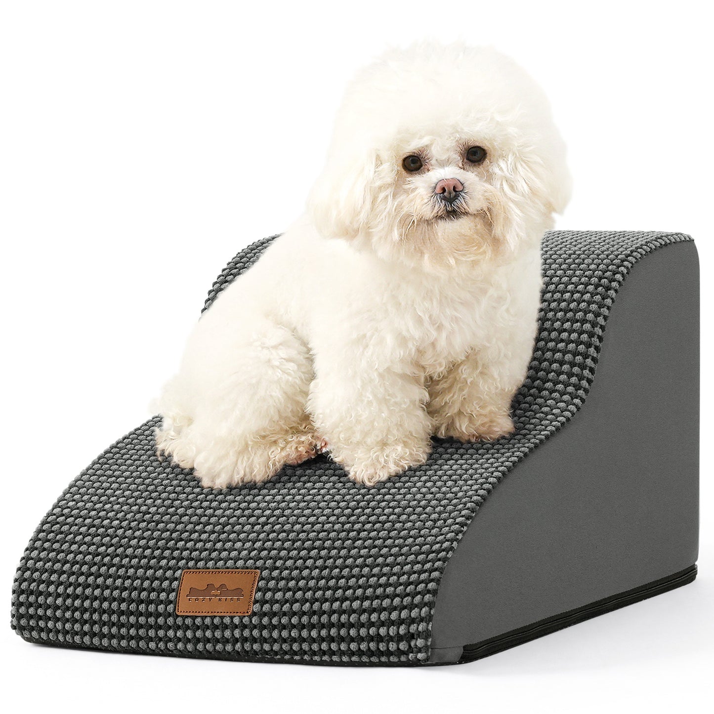 Front studio view of Cozy Kiss 2-Step Joint-Friendly Curved Pet Stairs featuring curved foam design and textured fabric cover #color_Charcoal Grey