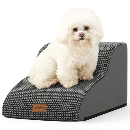 Front studio view of Cozy Kiss 2-Step Joint-Friendly Curved Pet Stairs featuring curved foam design and textured fabric cover #color_Charcoal Grey