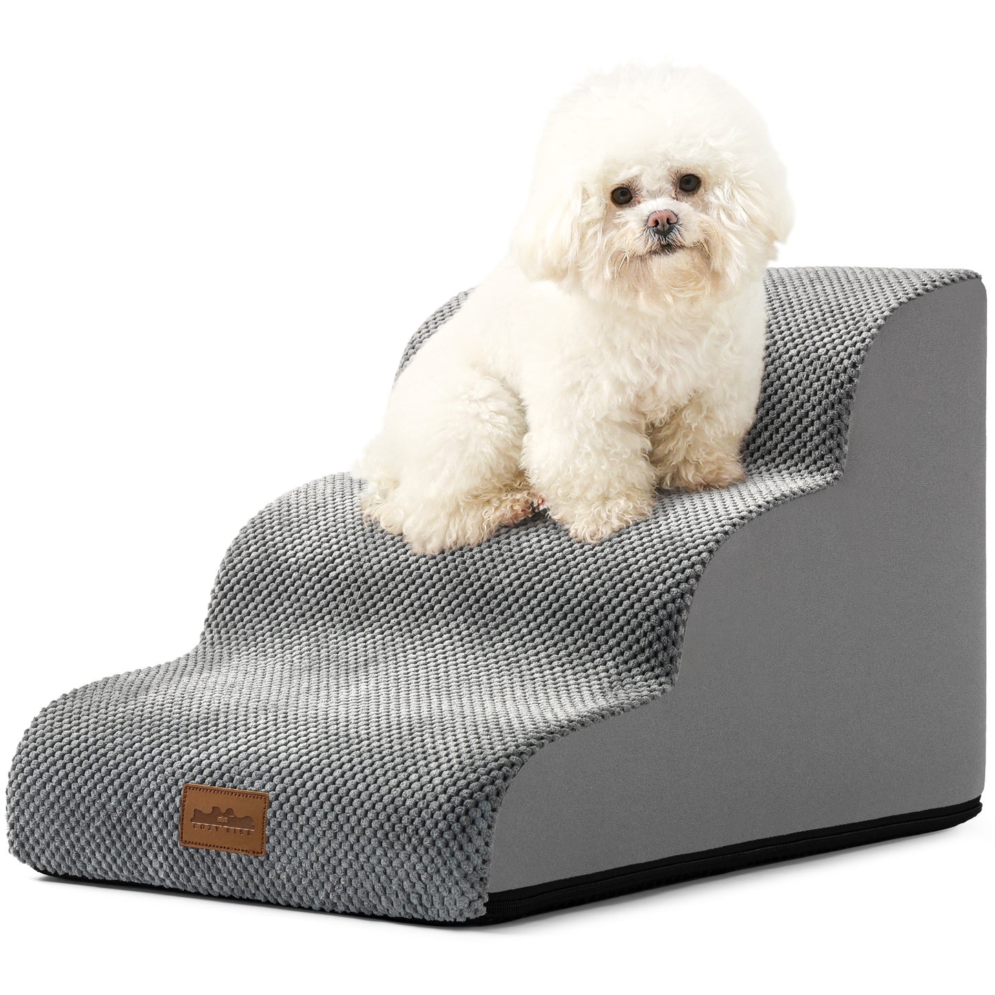 Front studio view of Cozy Kiss 3-Step Joint-Friendly Curved Pet Stairs featuring curved foam design and textured fabric cover #Color_Light Grey