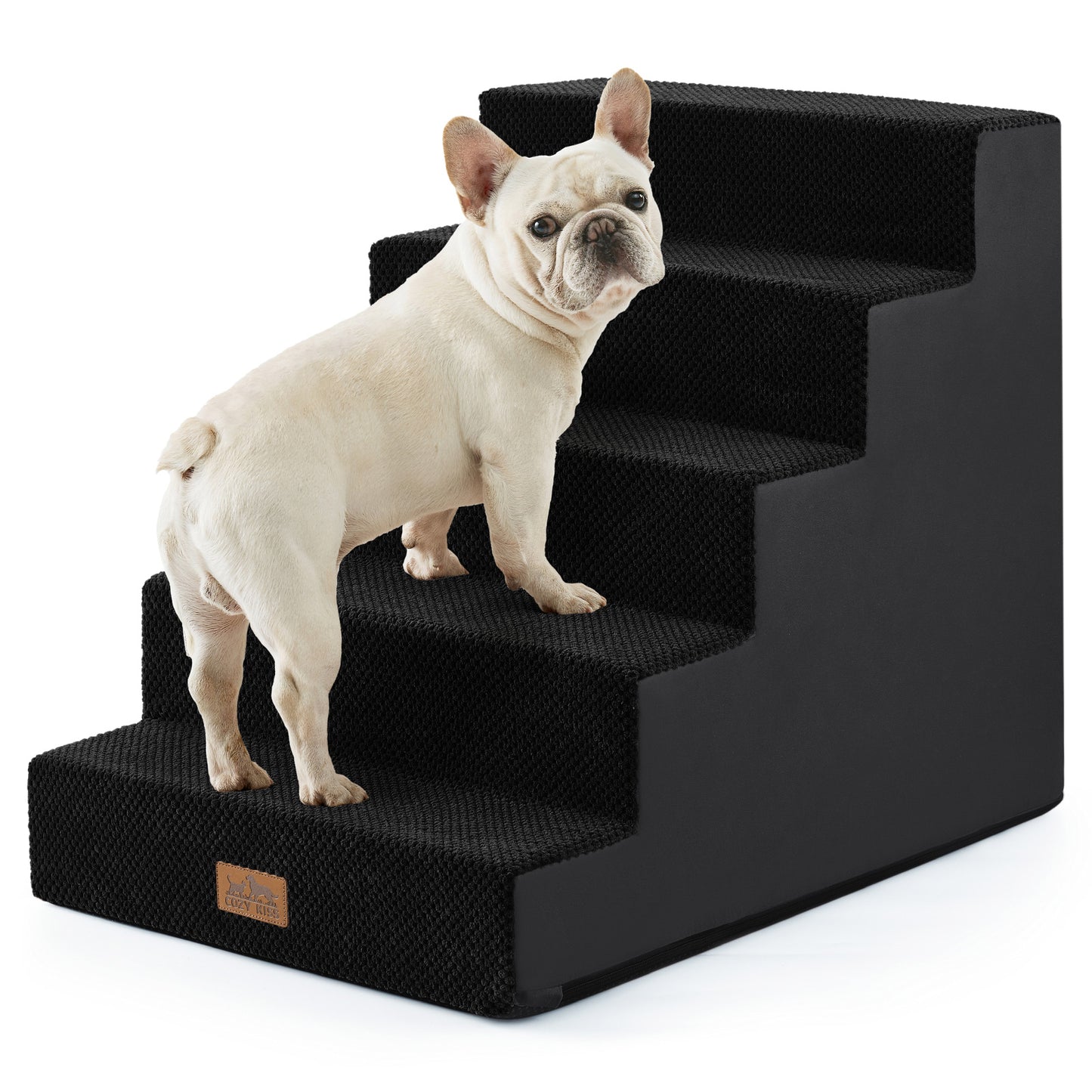 Front view of a dog using Cozy Kiss 5-Step Extra Wide Right-Angle Pet Stairs beside a bed, showing easy access. #color_Black