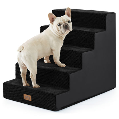 Front view of a dog using Cozy Kiss 5-Step Extra Wide Right-Angle Pet Stairs beside a bed, showing easy access. #color_Black