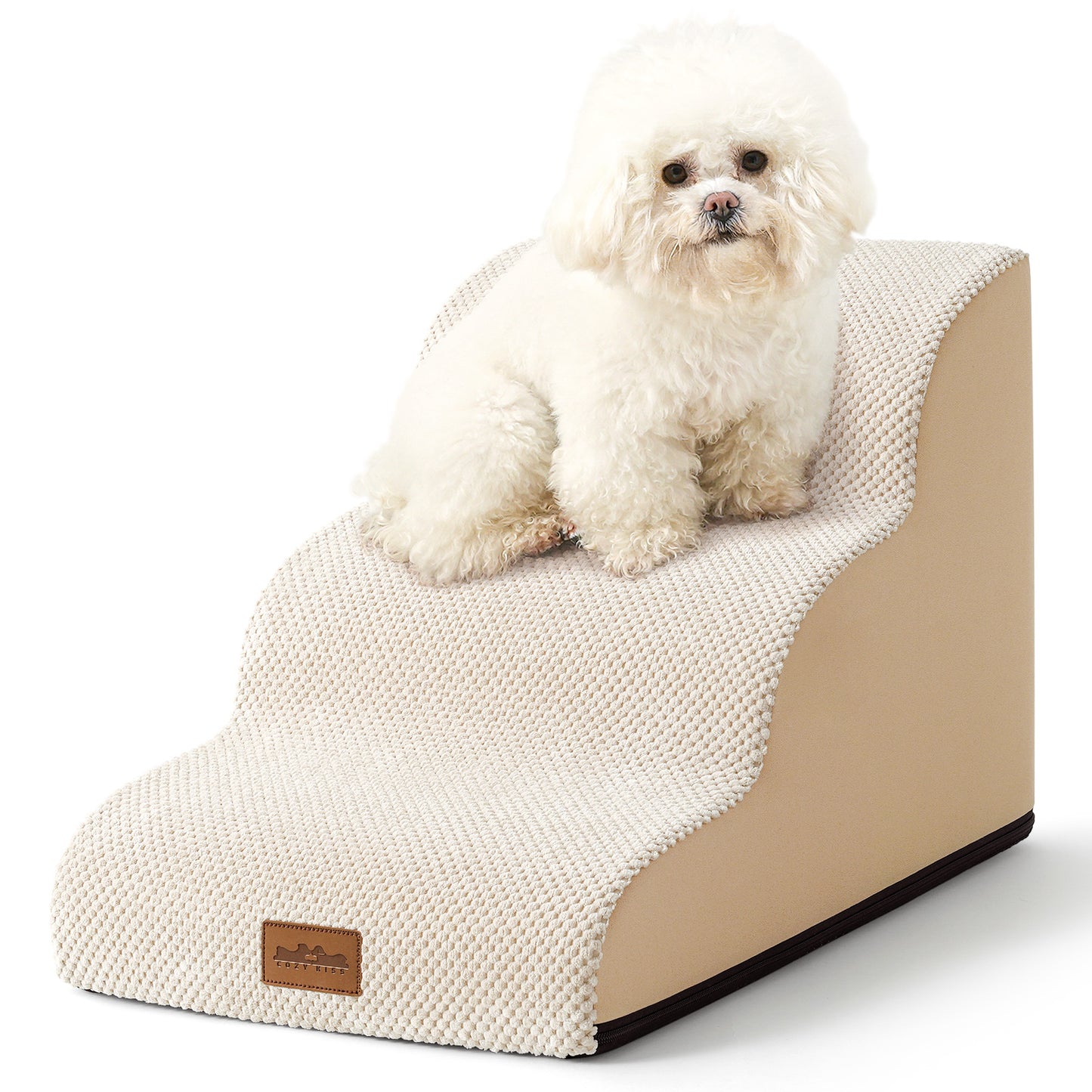Front studio view of Cozy Kiss 3-Step Joint-Friendly Curved Pet Stairs featuring curved foam design and textured fabric cover #color_Beige